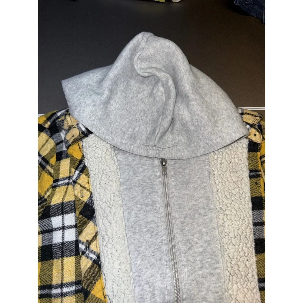 Yellow Plaid Sherpa Lined Hooded Flannel Jacket Zip Up‎ Layered Hoodie Shirt
